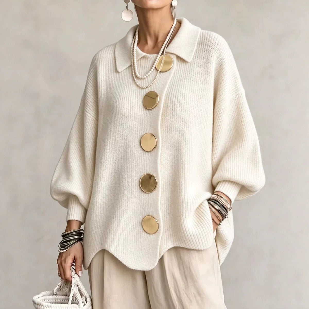 Daniëlle - Dames oversized cardigan met knoopkraag in ribbrei
