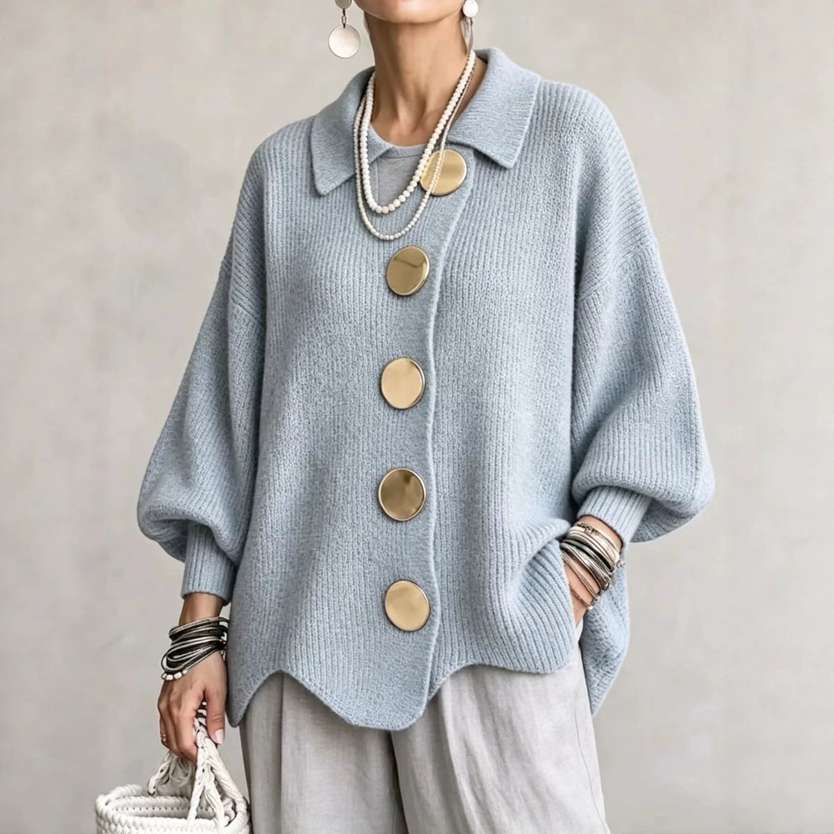 Daniëlle - Dames oversized cardigan met knoopkraag in ribbrei