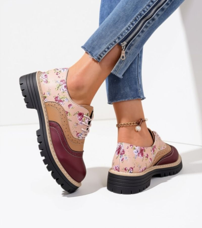 Maan - Dames Oxford Schoenen met Veters en Bloemenpatroon met Dikke Zool