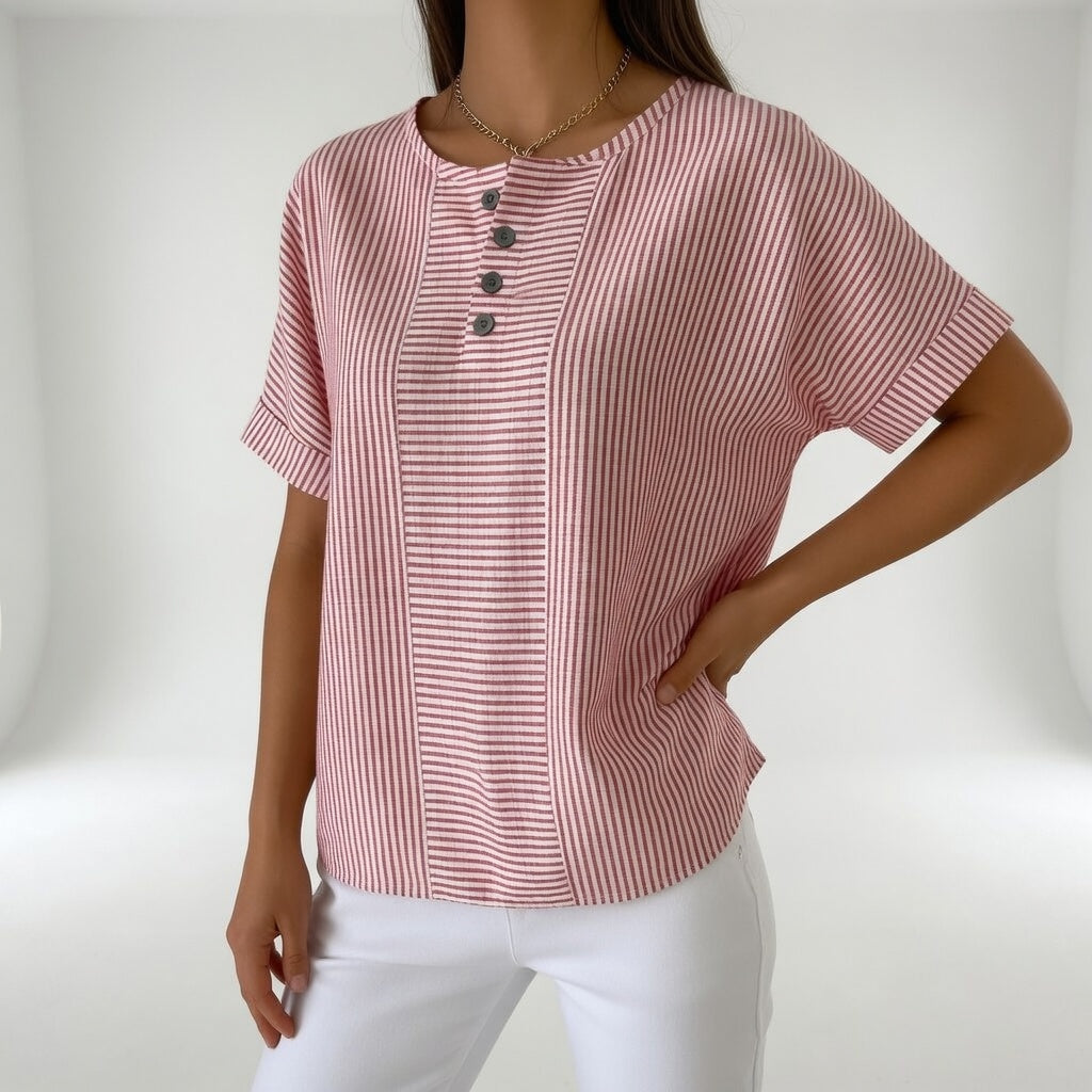 Dovinia - Vrouwenblouse van linnen met korte mouwen gestreept casual voor de zomer