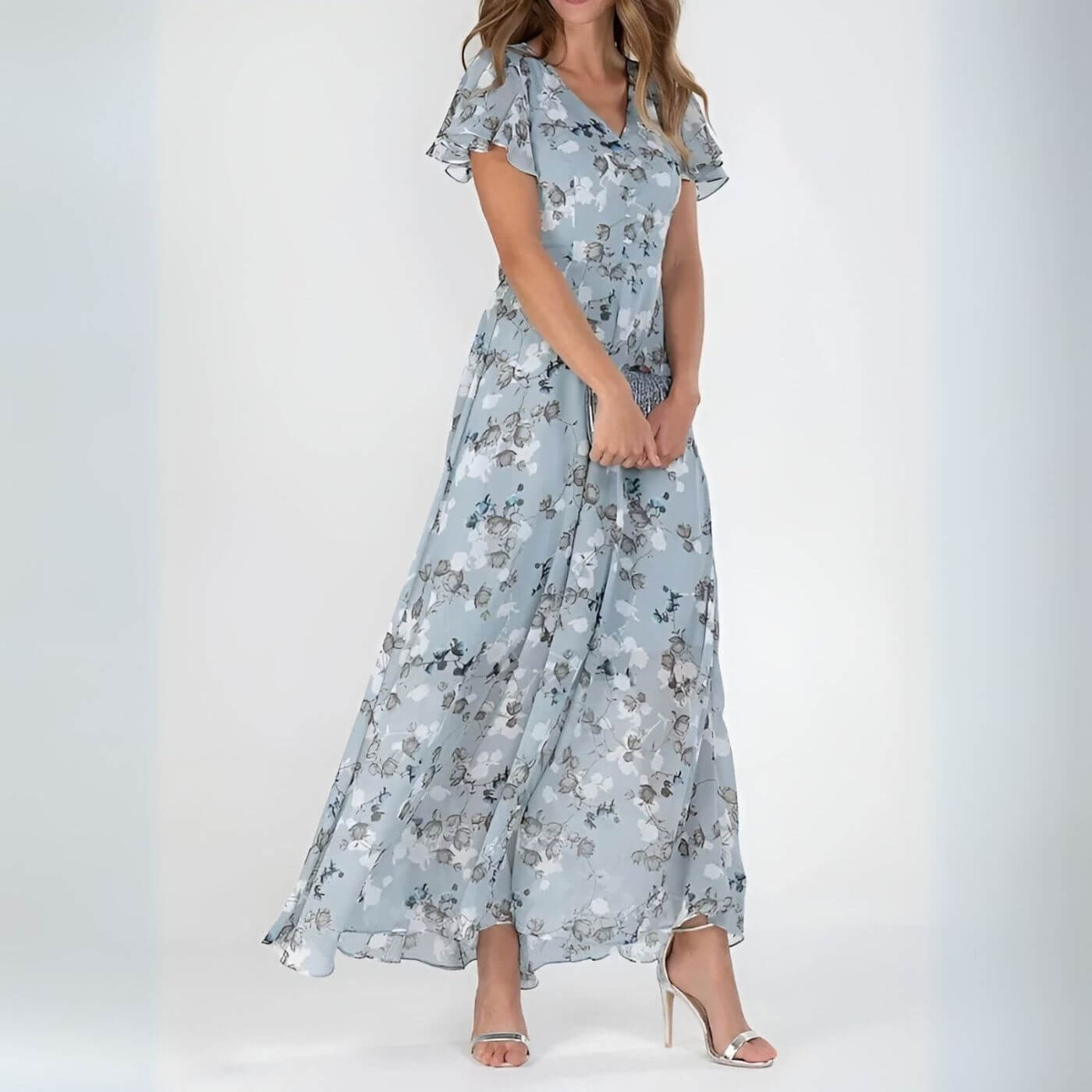 Sorevixa - Elegante maxi jurk voor vrouwen met bloemen en een vloeiende V-hals