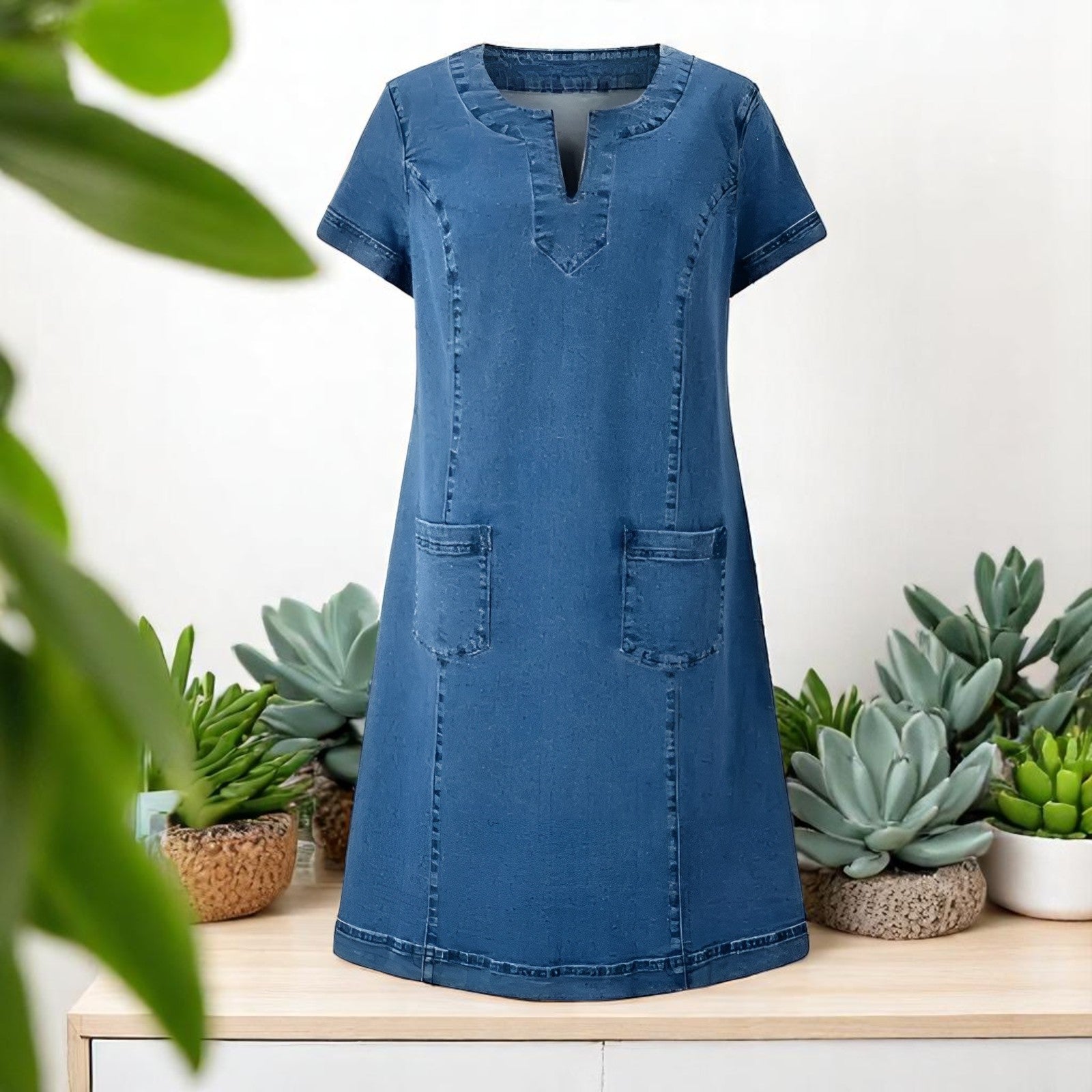 Auvira - Korte denim jurk voor dames met V-hals voorzakken en korte mouwen