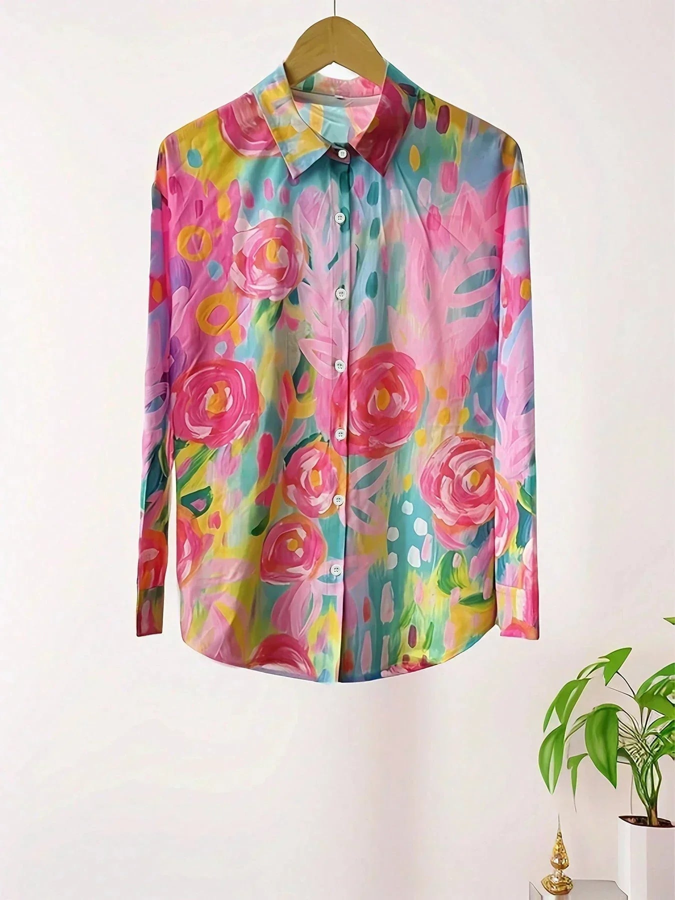 Myzelle - Vrouwelijke blouse met lange mouwen, V-hals, knoopsluiting, elegant