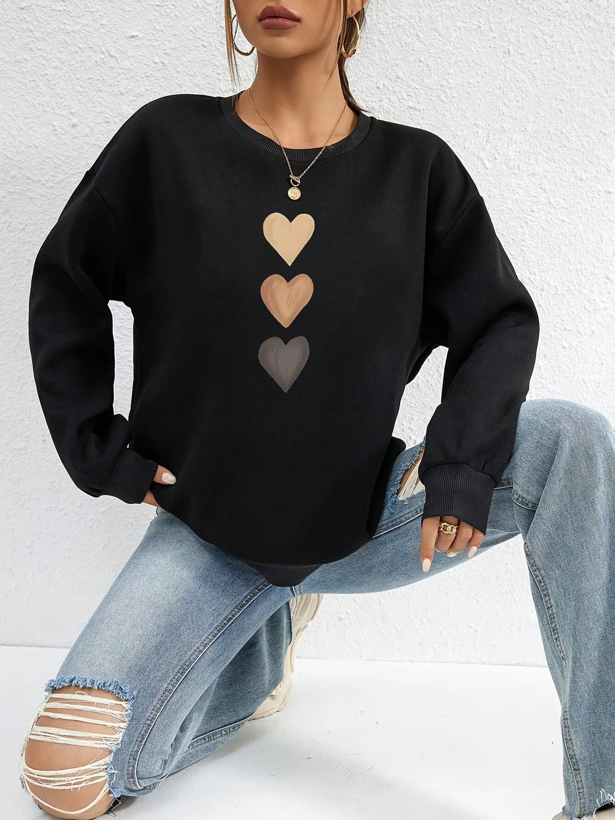 Belle - Sweatshirt voor Vrouwen met Bedrukt Drie Hartjes, Casual met Lange Mouwen