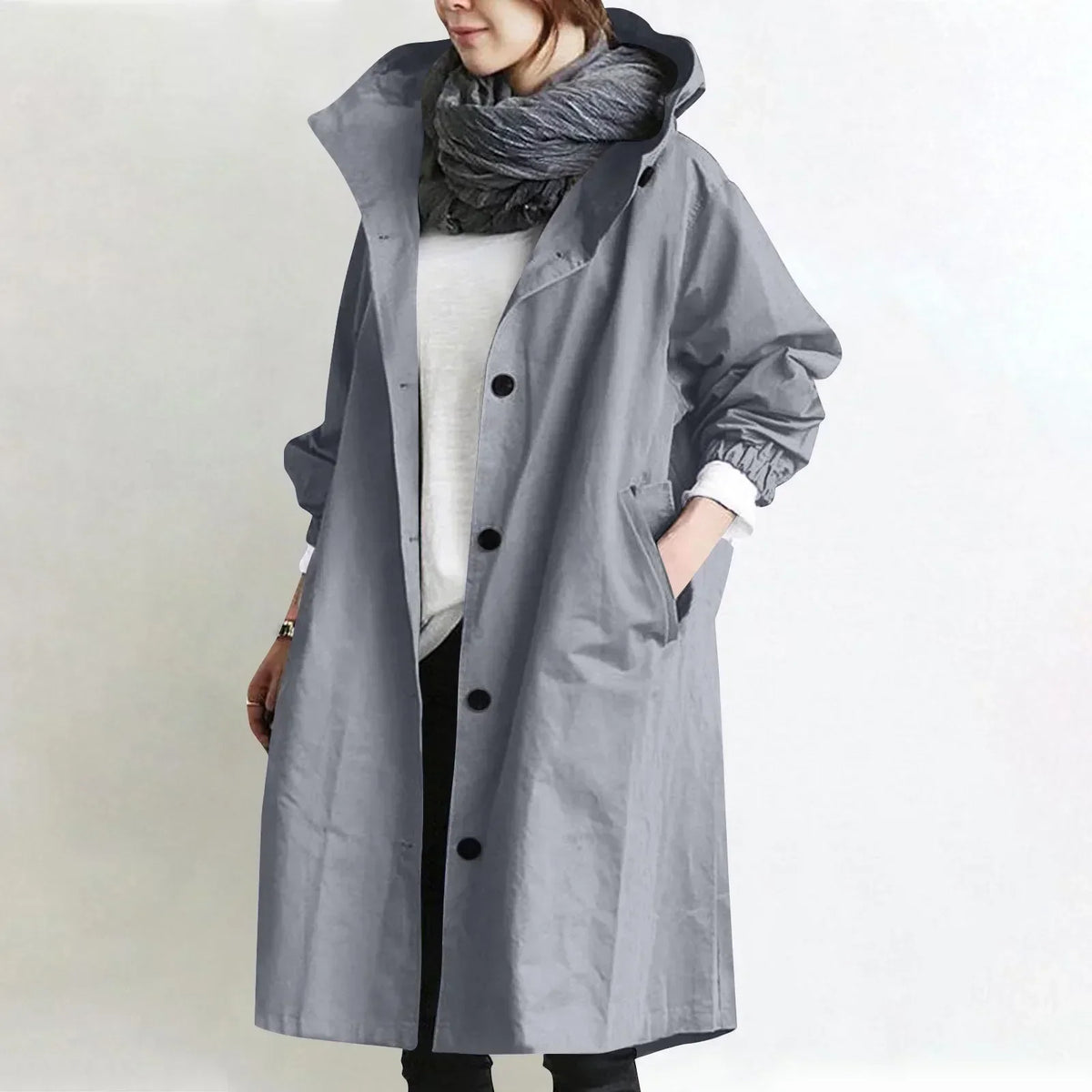 Bregtje - Lange trenchcoat voor dames met capuchon en knopen, met zakken