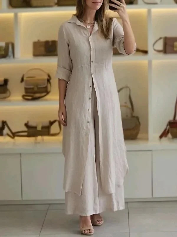 Bresina - Elegante linnen set met lange overhemdjurk en soepelvallende broek
