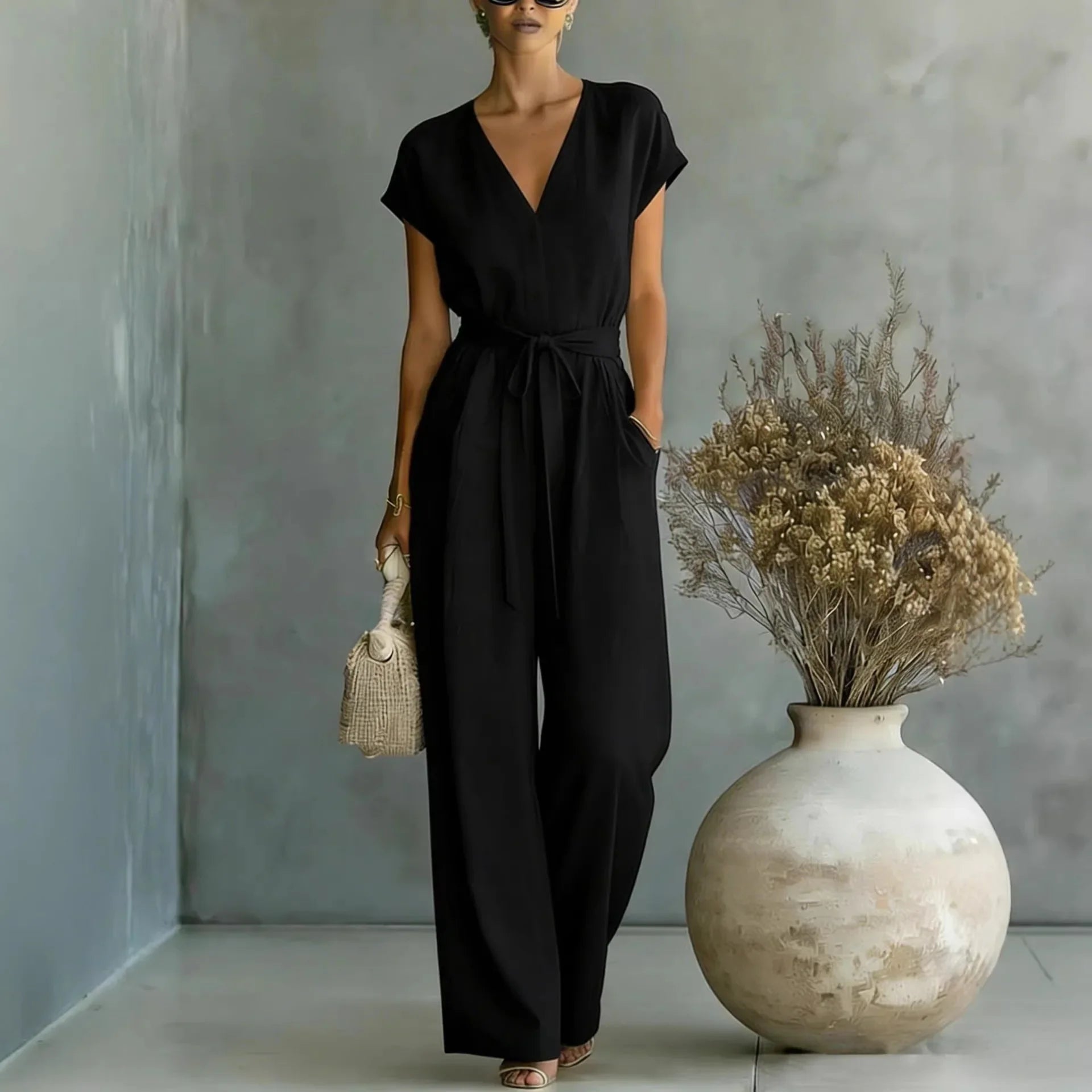 Calyne - Witte dames jumpsuit met V-hals en riem