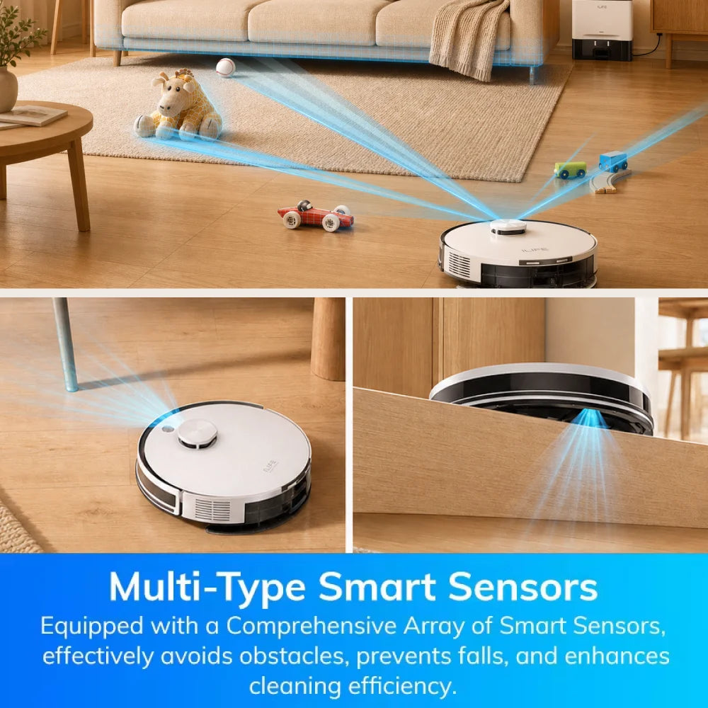 ILIFE A30 Pro robotstofzuiger met automatisch zelfleegstation, 5000 Pa sterke zuigkracht, LDS-navigatie, 180 minuten gebruiksduur, 2-in-1 dweil- en stofzuigfunctie, bediening via app, voor het reinigen van vloeren en tapijten in huis.