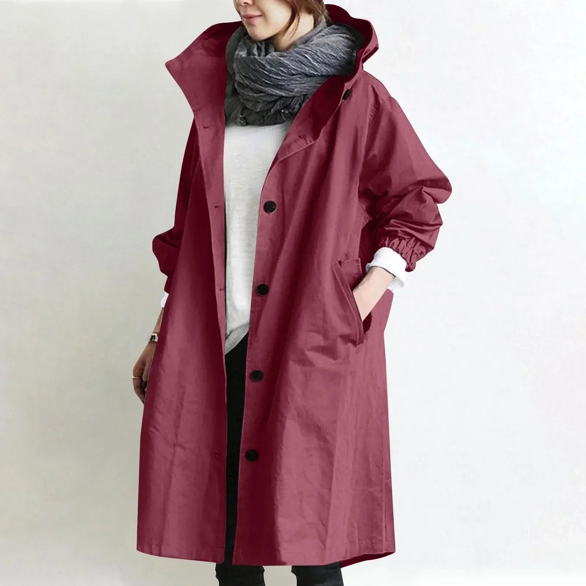 Bregtje - Lange trenchcoat voor dames met capuchon en knopen, met zakken