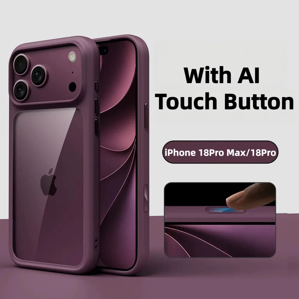 Coque de téléphone transparente de luxe bordeaux pour iPhone 17 18 Pro Max 17 18Pro, boutons métalliques, toucher peau, AI Touch, coque de protection antichoc