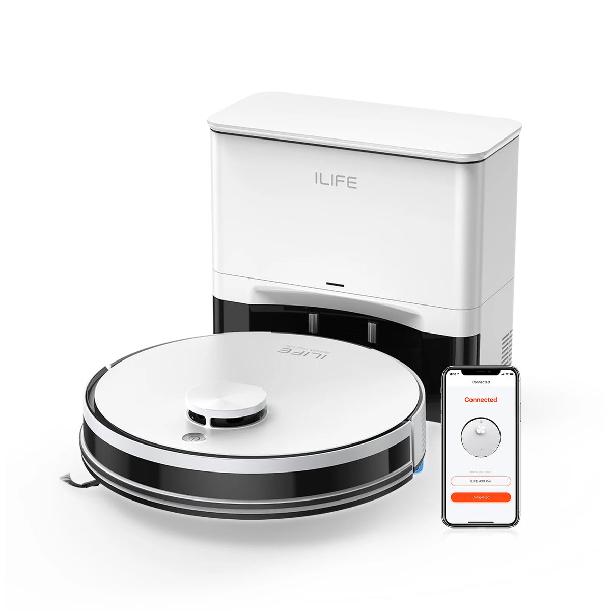 ILIFE A30 Pro robotstofzuiger met automatisch zelfleegstation, 5000 Pa sterke zuigkracht, LDS-navigatie, 180 minuten gebruiksduur, 2-in-1 dweil- en stofzuigfunctie, bediening via app, voor het reinigen van vloeren en tapijten in huis.