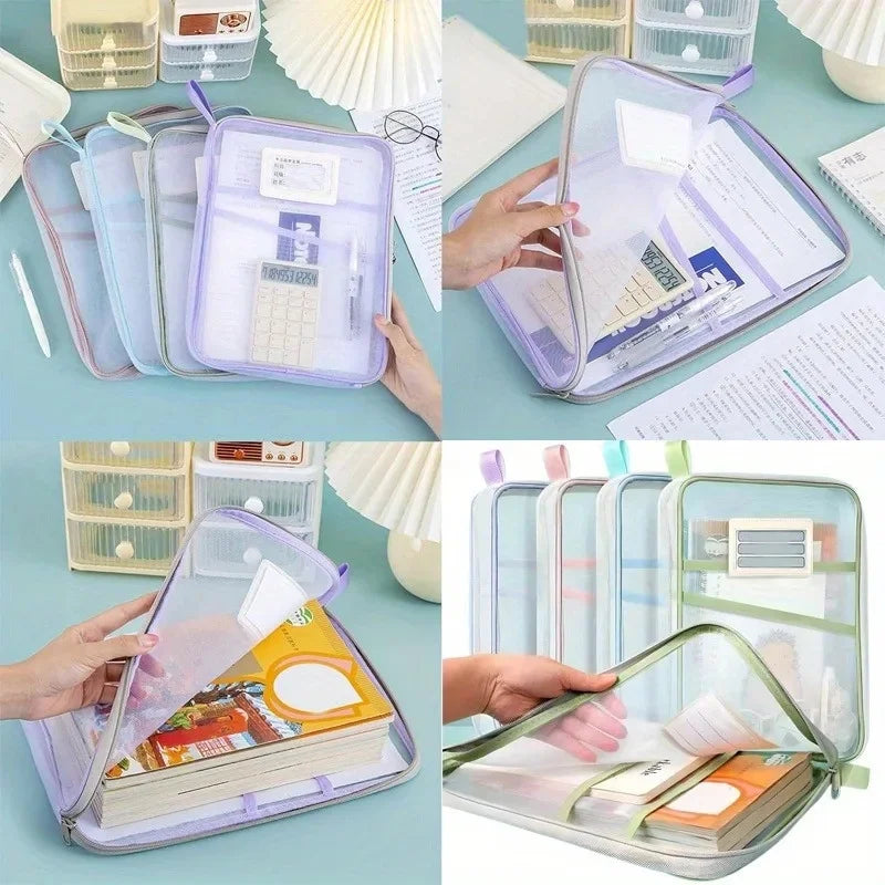 Sac de rangement A4 à fermeture éclair en nylon, pochette transparente en tissu maillé épais à trois couches pour documents, livres, fournitures de bureau et scolaires
