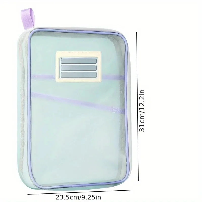 Sac de rangement A4 à fermeture éclair en nylon, pochette transparente en tissu maillé épais à trois couches pour documents, livres, fournitures de bureau et scolaires