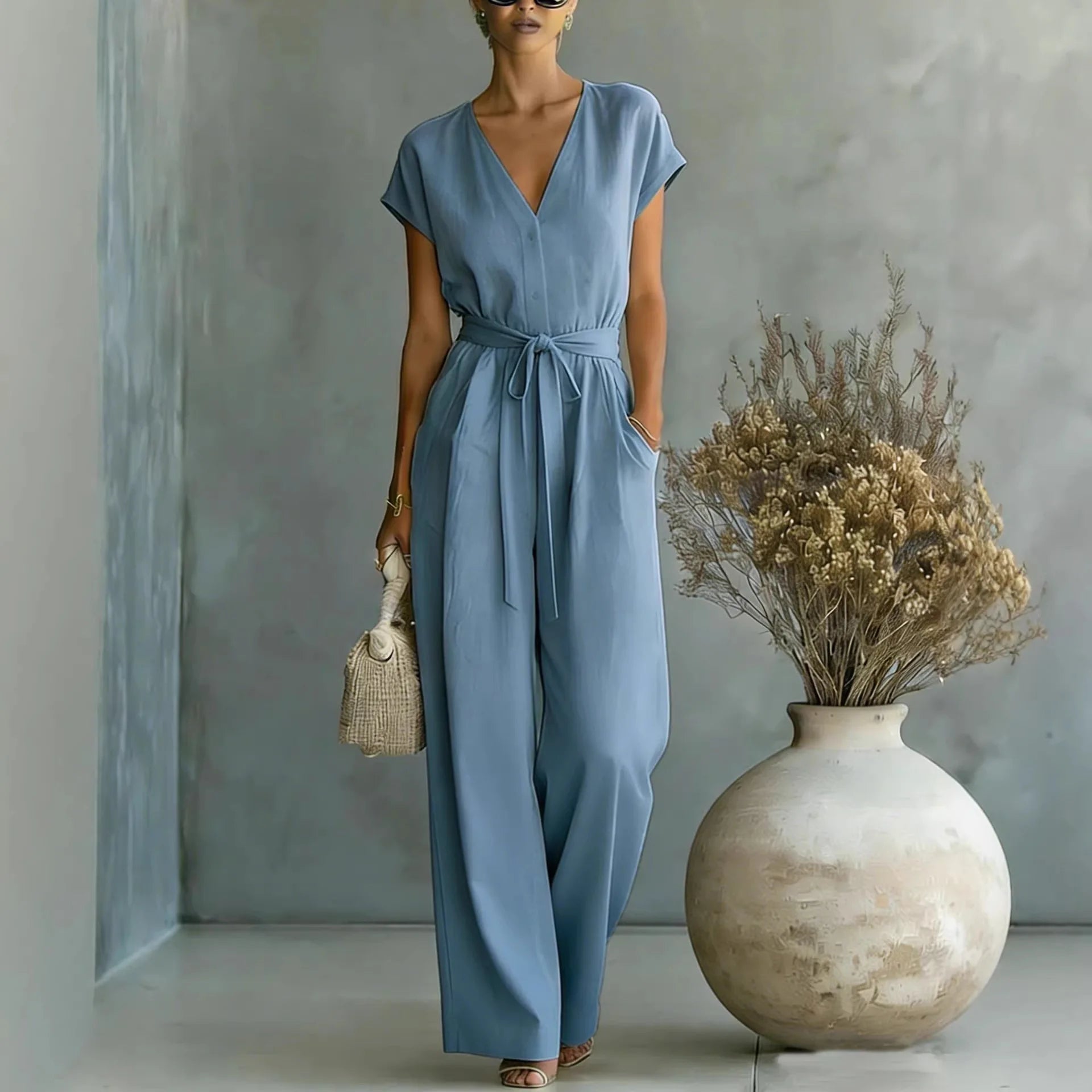 Calyne - Witte dames jumpsuit met V-hals en riem