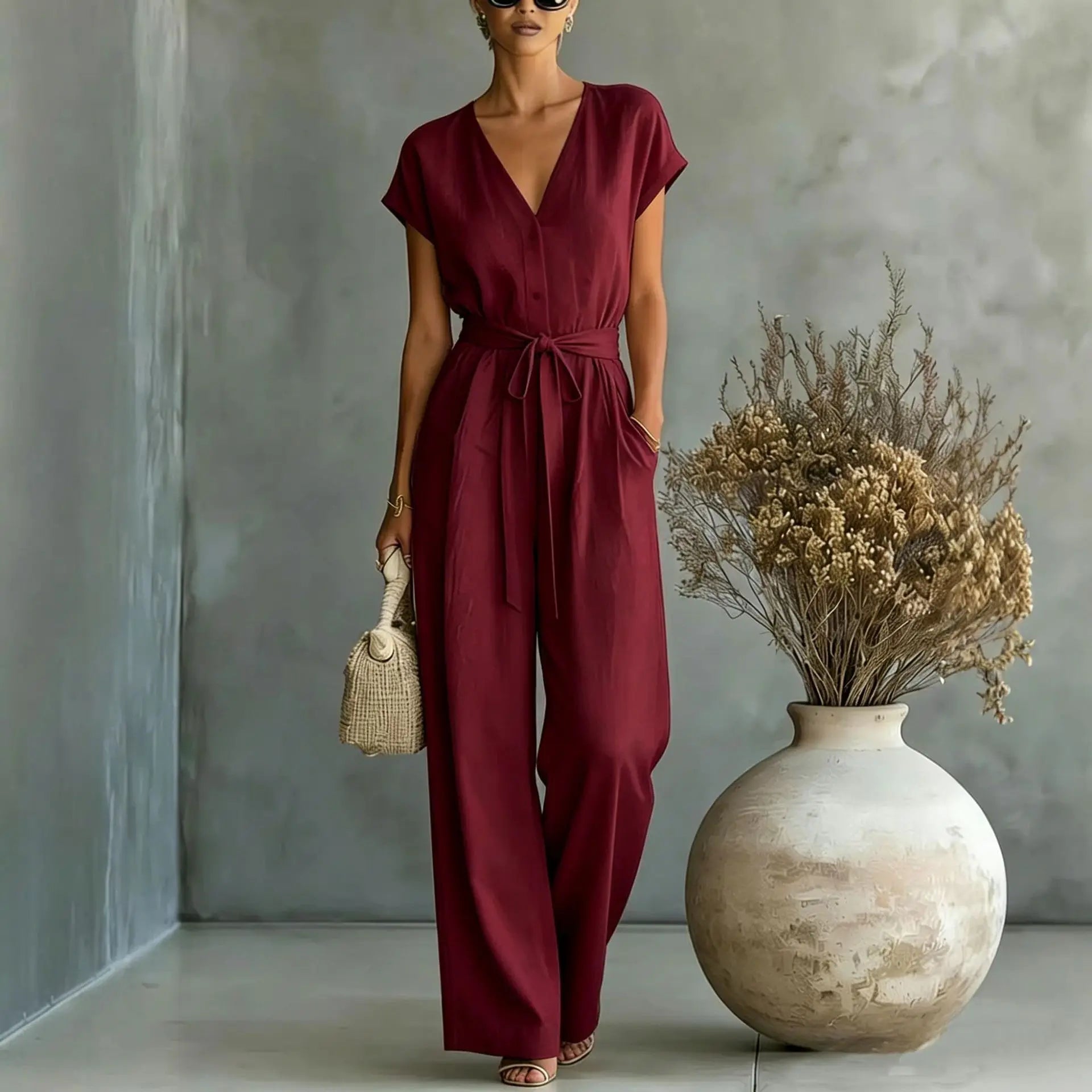 Calyne - Witte dames jumpsuit met V-hals en riem