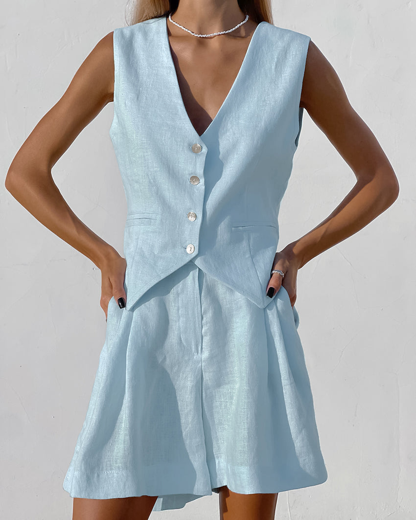 Brionnae - Dames ensemble van katoen-linnen met knoopgilet en short