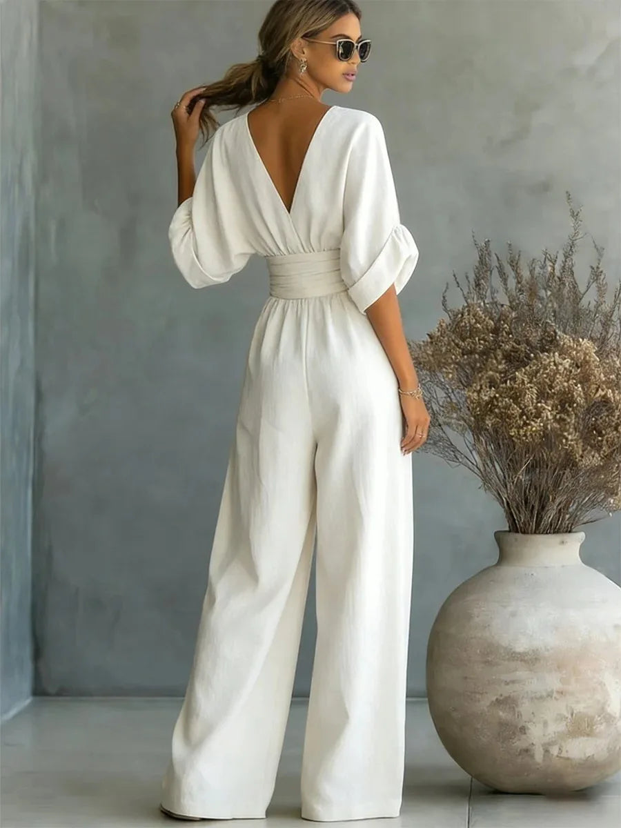 Helyrae - Dames Jumpsuit Met V-Hals Gedefinieerde Taille Elegante Vloeiende Pasvorm
