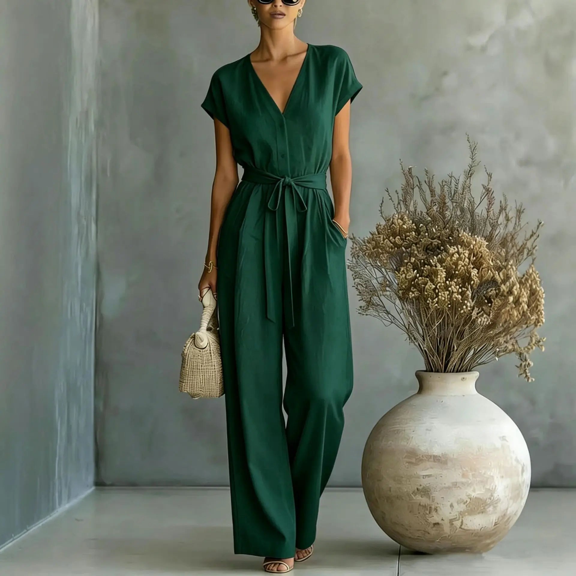Calyne - Witte dames jumpsuit met V-hals en riem