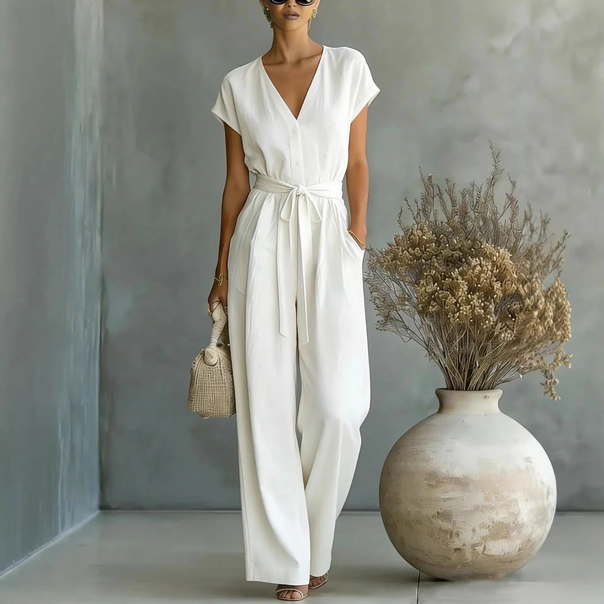 Calyne - Witte dames jumpsuit met V-hals en riem