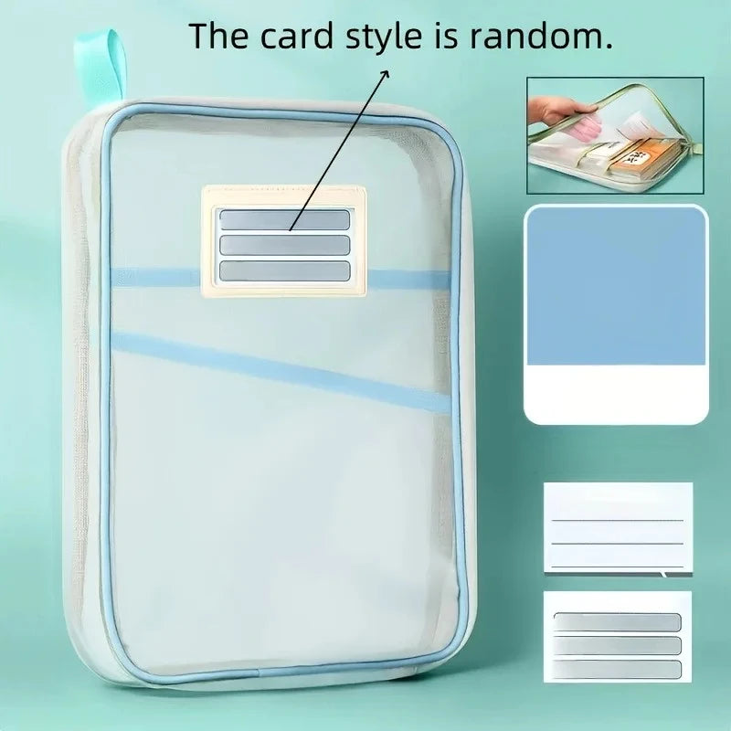 Sac de rangement A4 à fermeture éclair en nylon, pochette transparente en tissu maillé épais à trois couches pour documents, livres, fournitures de bureau et scolaires