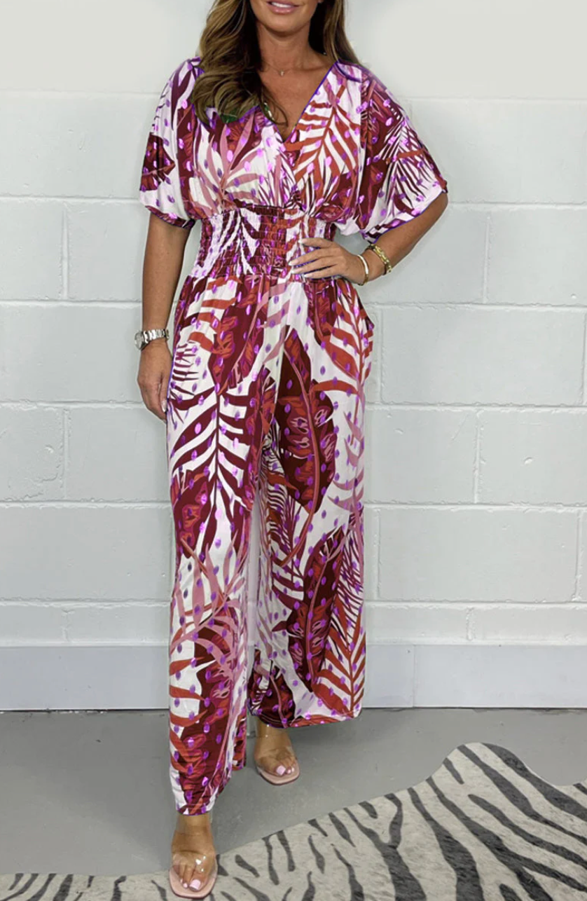 Lucia - Vrouwelijke tropische jumpsuit met korte mouwen en V-hals