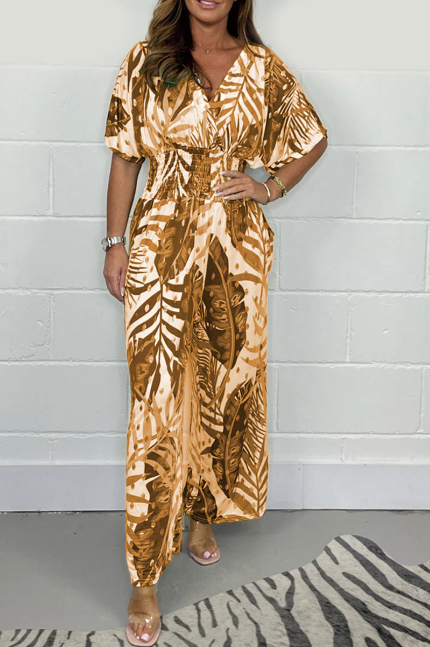 Lucia - Vrouwelijke tropische jumpsuit met korte mouwen en V-hals