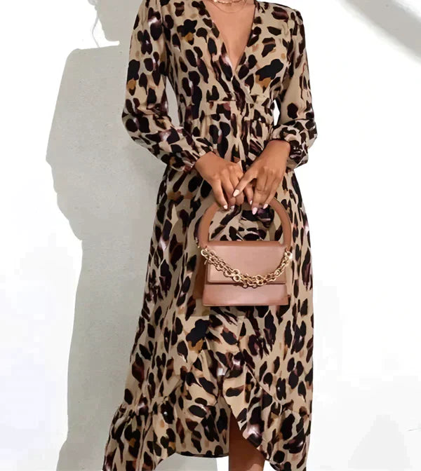 Margreet - Luipaardprint Jurk met V-Hals