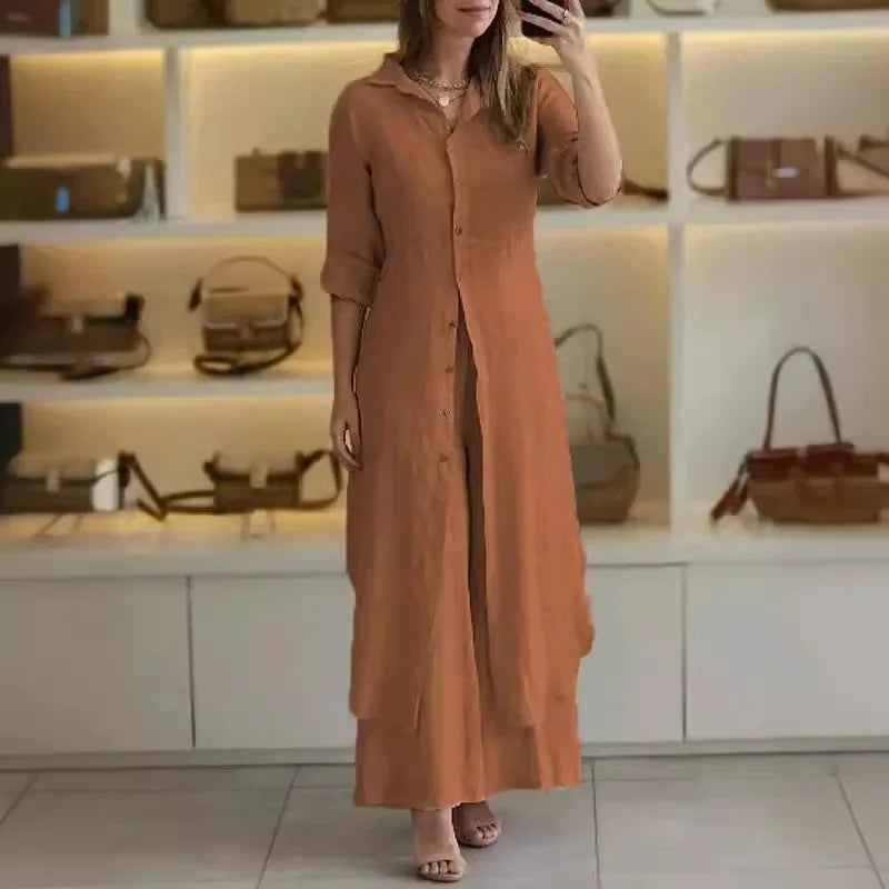 Bresina - Elegante linnen set met lange overhemdjurk en soepelvallende broek