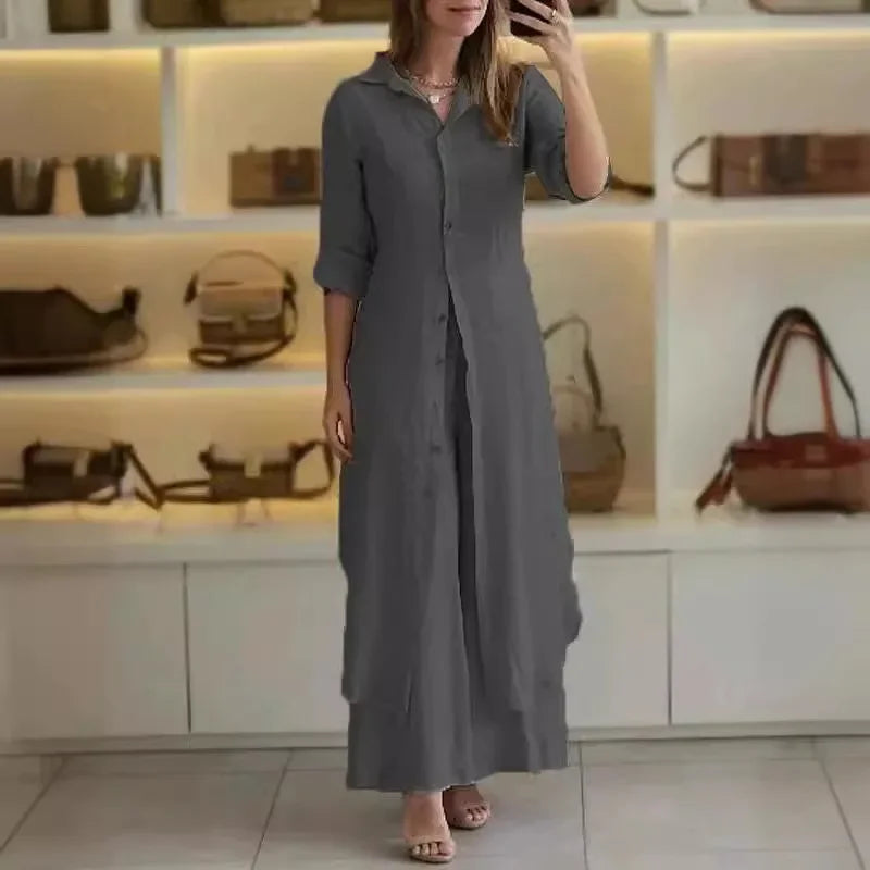 Bresina - Elegante linnen set met lange overhemdjurk en soepelvallende broek