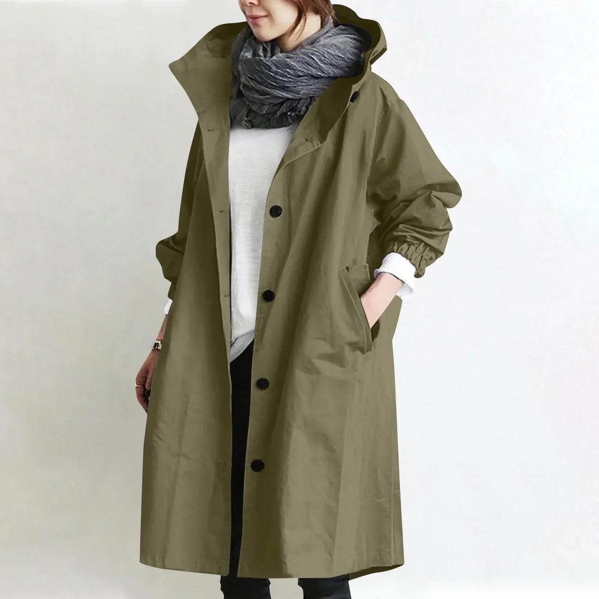 Bregtje - Lange trenchcoat voor dames met capuchon en knopen, met zakken