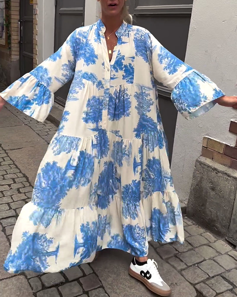 Greta - Losvallende Patchworkjurk met V-hals en Klokmouwen met Print