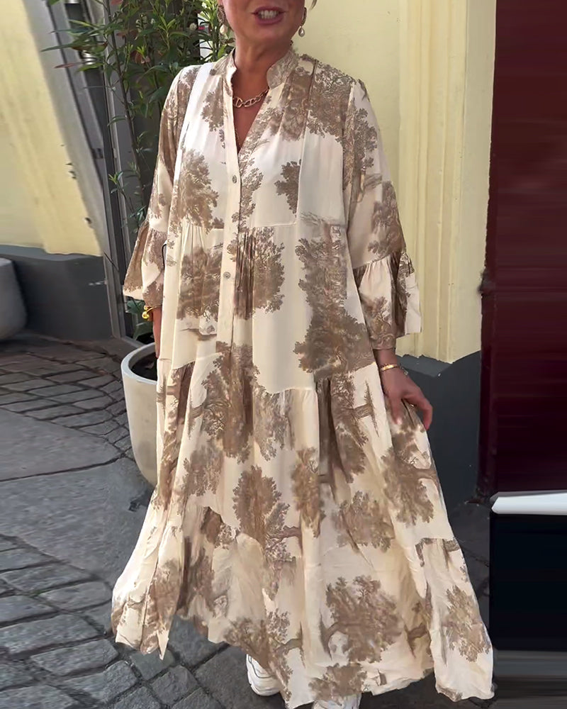 Greta - Losvallende Patchworkjurk met V-hals en Klokmouwen met Print