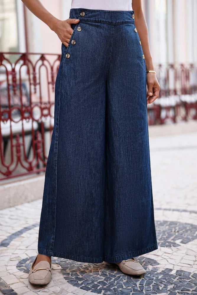 Jeltje - Wijde spijkerbroek voor vrouwen van stretchdenim met hoge taille en knopen