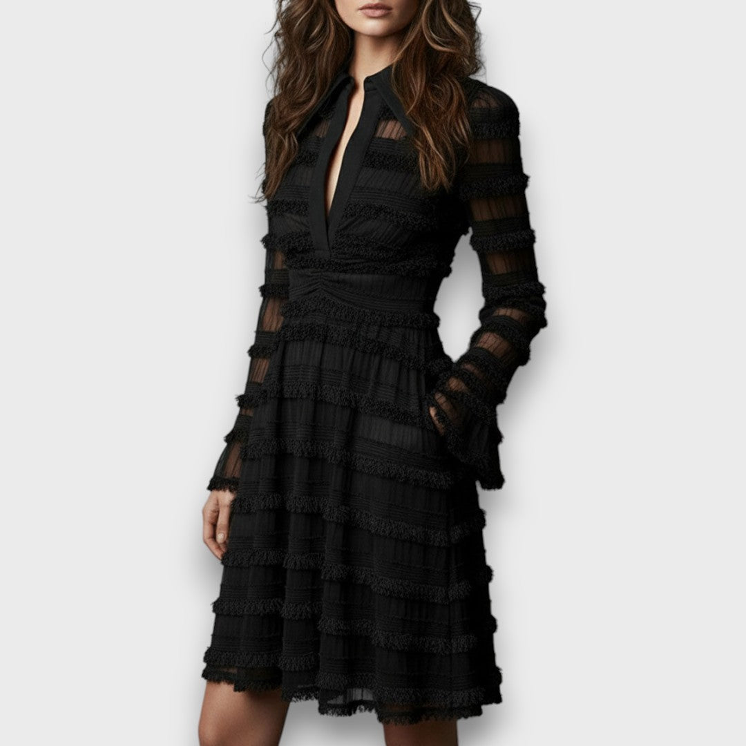 Hyacinthe - Elegante Midi Jurk met Transparante Franje