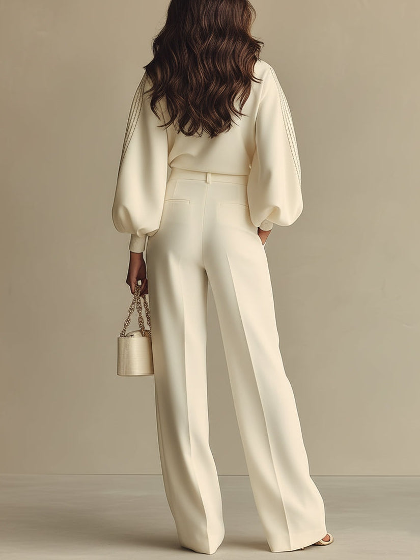 Oliveth - Elegant Vrouwen Ensemble Met Textuur Top en Vloeiende Brede Broek
