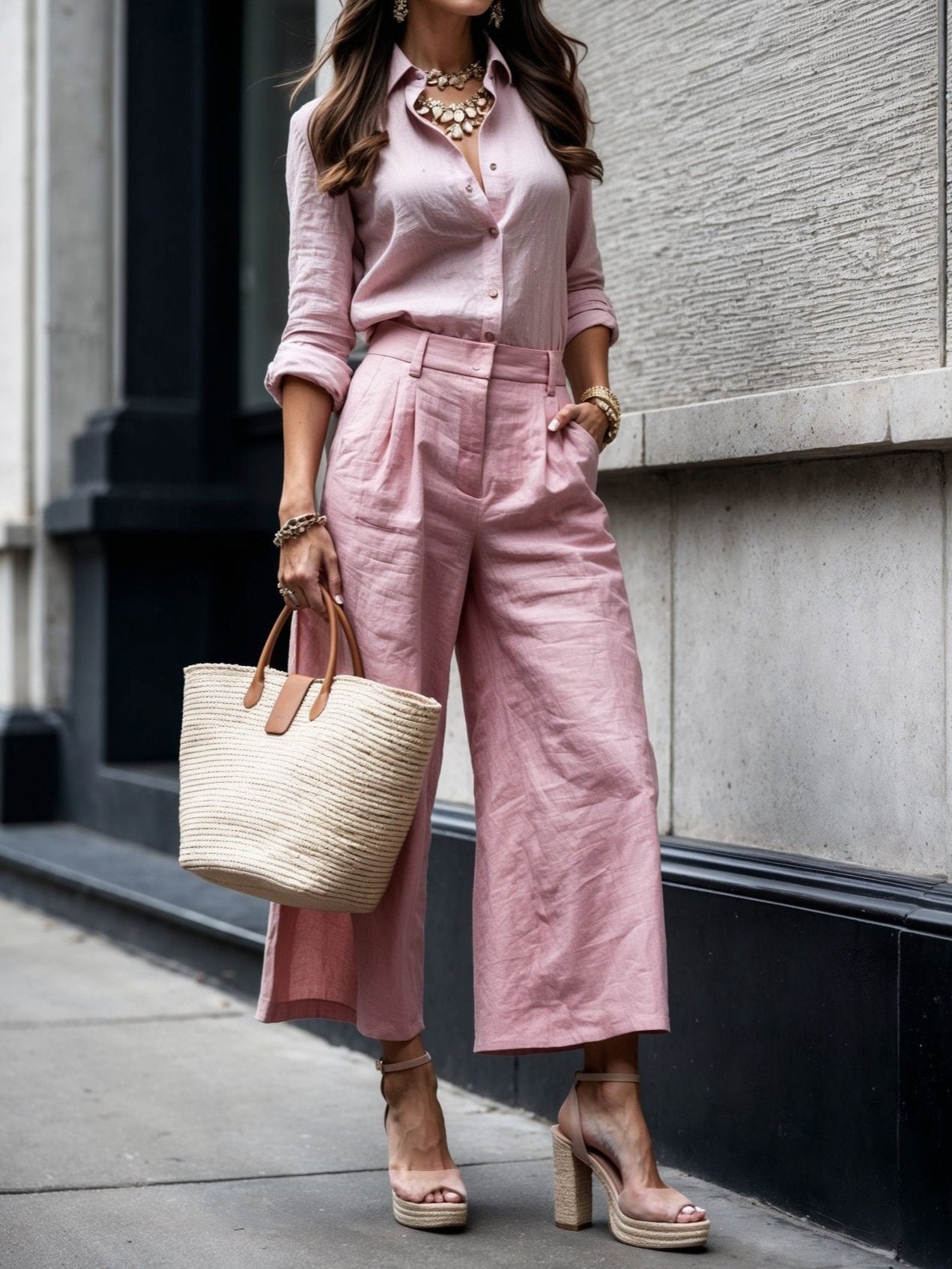 Savina - Vrouwenlinnen set met een ruime blouse en brede broek