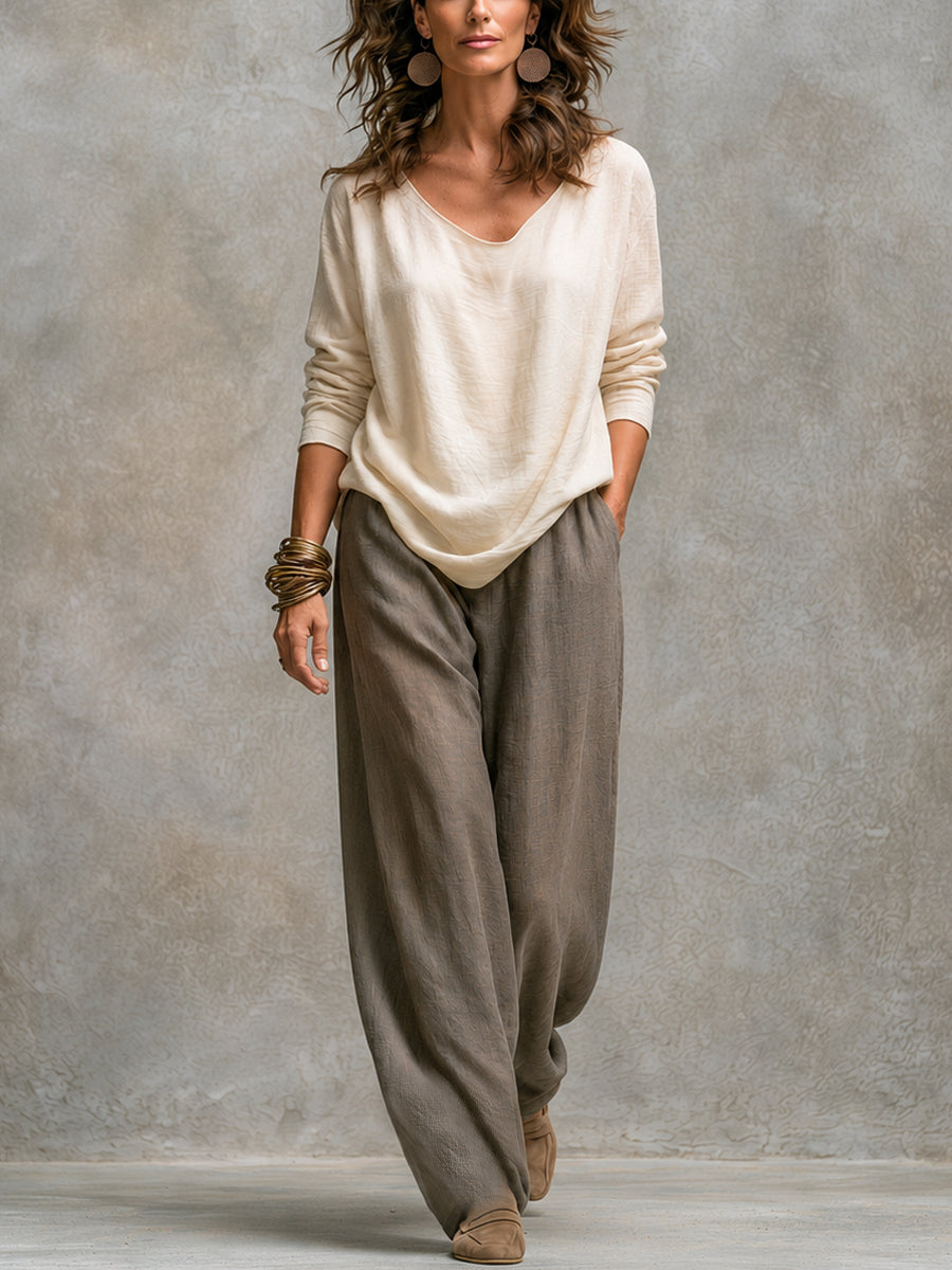 Mavelle - Driedelig damesensemble in beige-grijs met brede broek