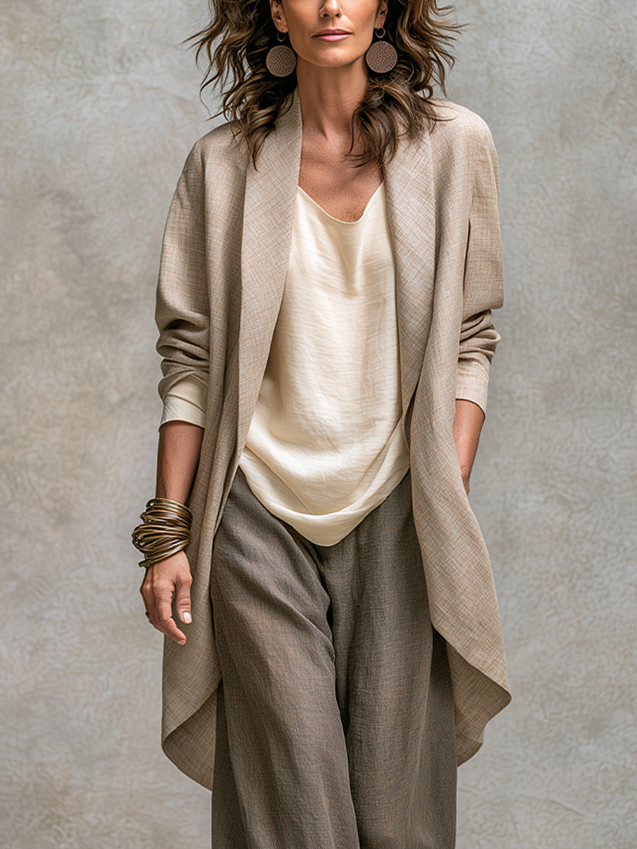 Mavelle - Driedelig damesensemble in beige-grijs met brede broek
