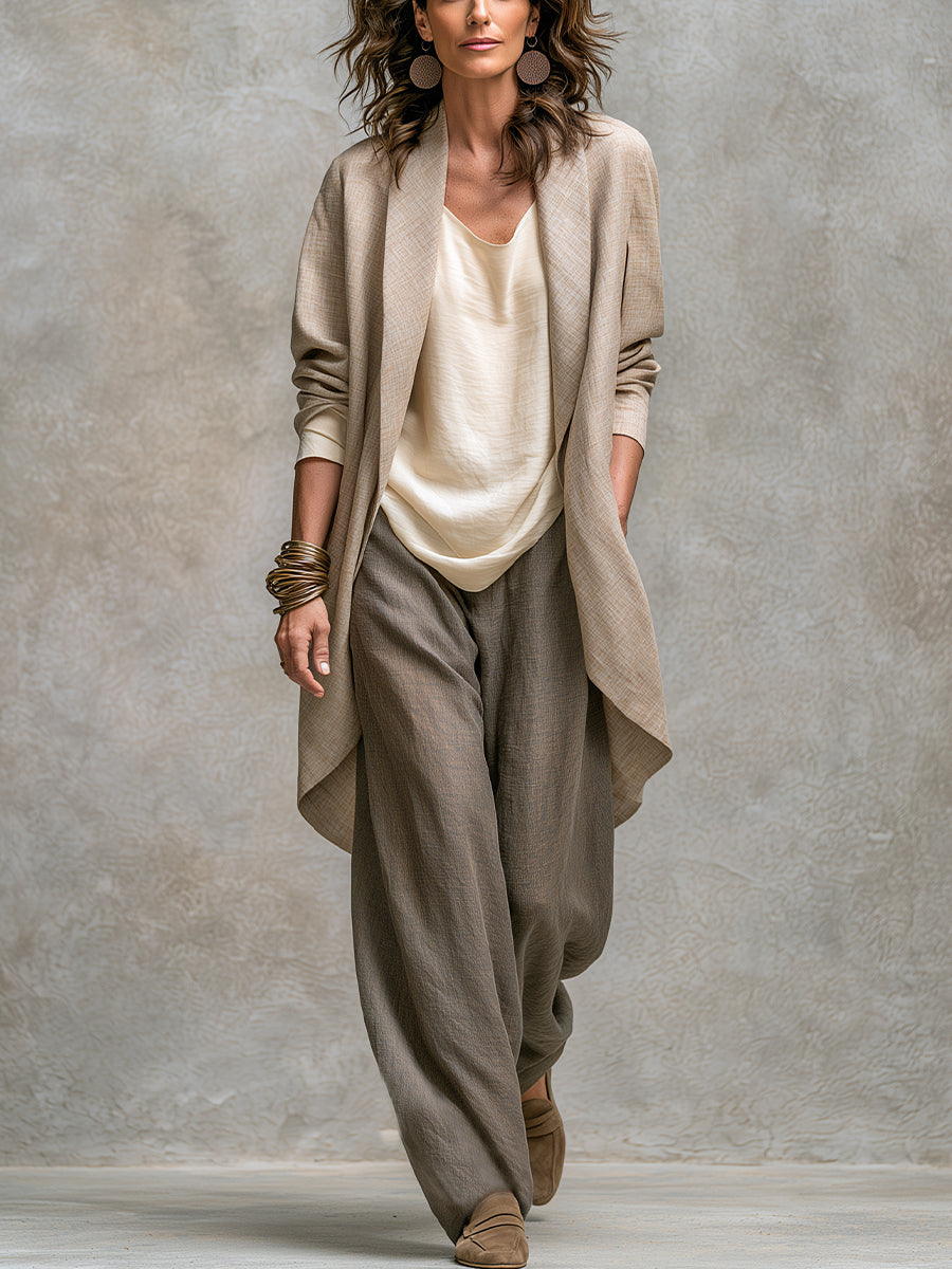 Mavelle - Driedelig damesensemble in beige-grijs met brede broek