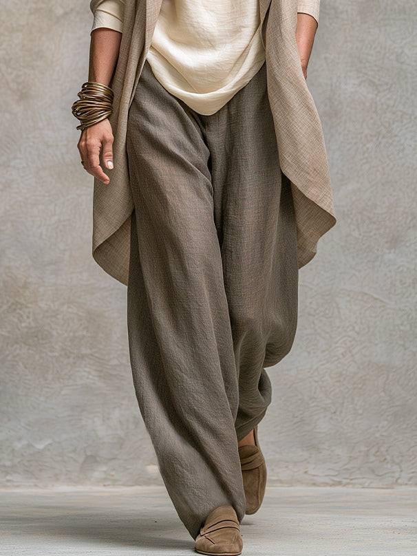 Mavelle - Driedelig damesensemble in beige-grijs met brede broek
