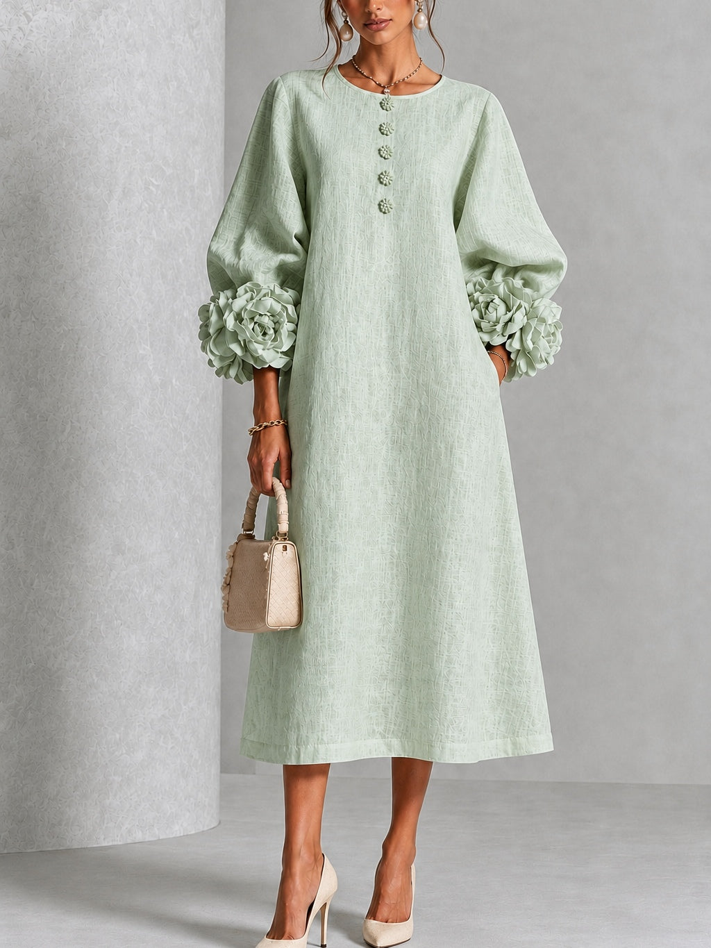 Aliette - Midi-jurk voor vrouwen met bloemenmouwen