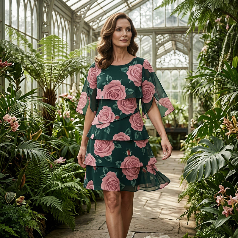 Qyvelle - Vrouwenjurk met Bloemenprint, Ruime Pasvorm, Vloeiende Mouwen, Elegante Stijl