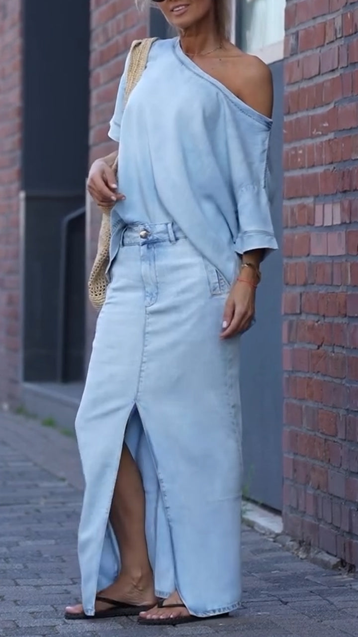 Mireya - Casual damesset in Tencel Denim met ronde halslijn