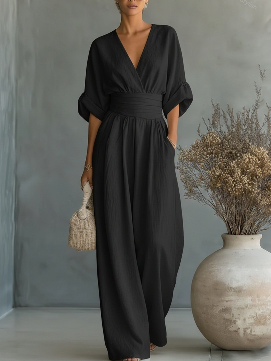 Helyrae - Dames Jumpsuit Met V-Hals Gedefinieerde Taille Elegante Vloeiende Pasvorm