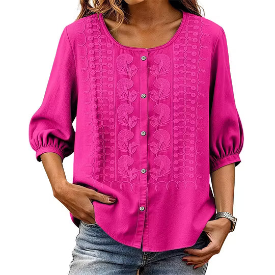 Sorivelle - Geborduurd damesblouse van katoen en linnen met 3/4 mouwen