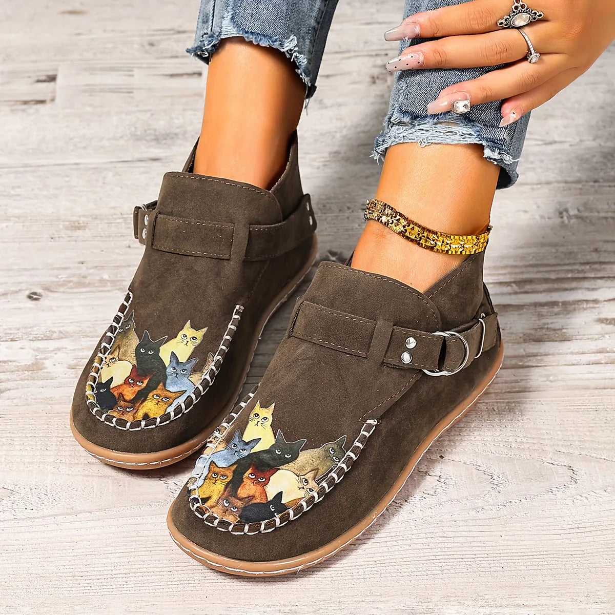 Annefleur - Dames instap mocassins met kattenprint