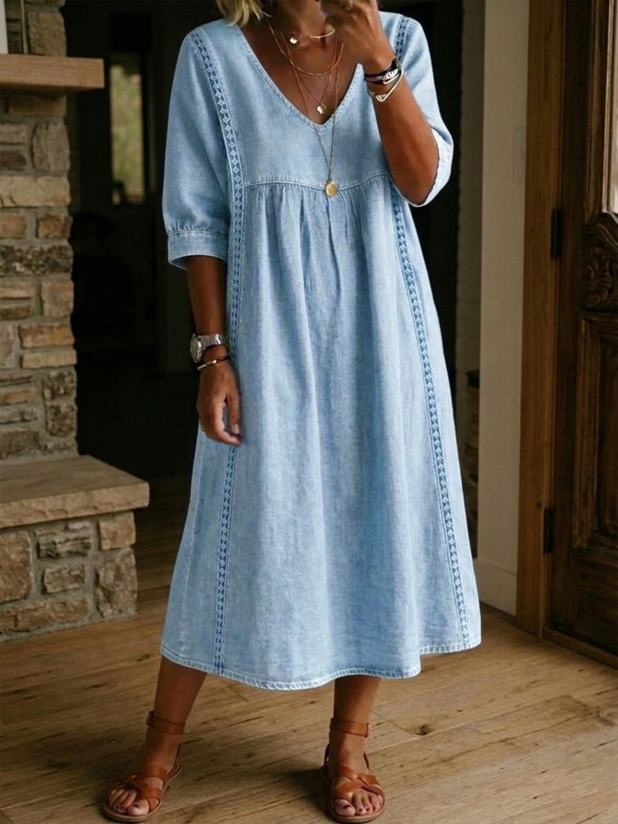 Fyntra - Vrouwelijke denim jurk met V-hals en kant in een elegante casual stijl
