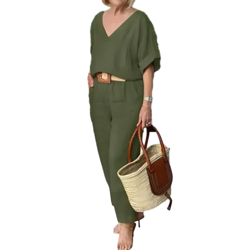 Loxaria - V-hals dames set met broek en zakken in casual stijl