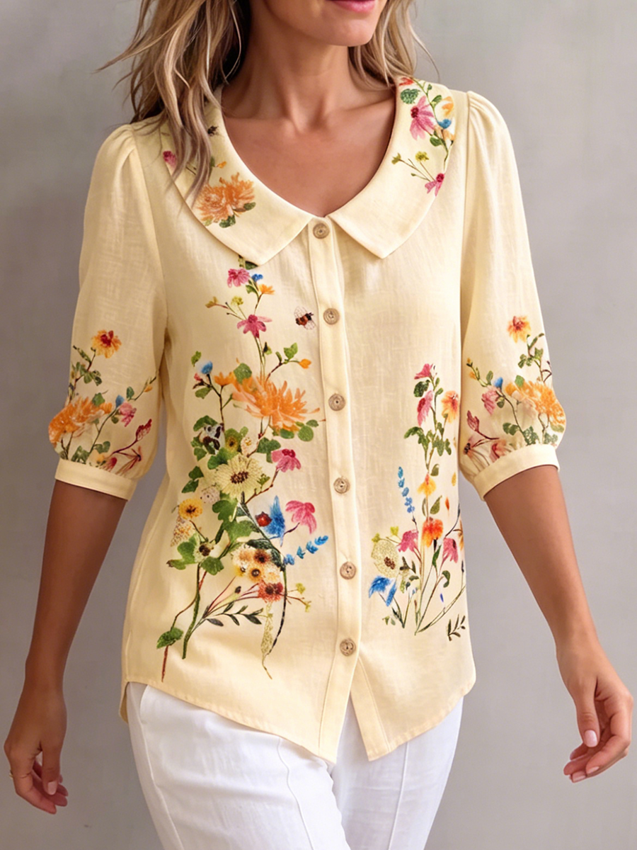 Mavessia - Damesblouse van katoen en linnen met artistieke vintage bloemenprint