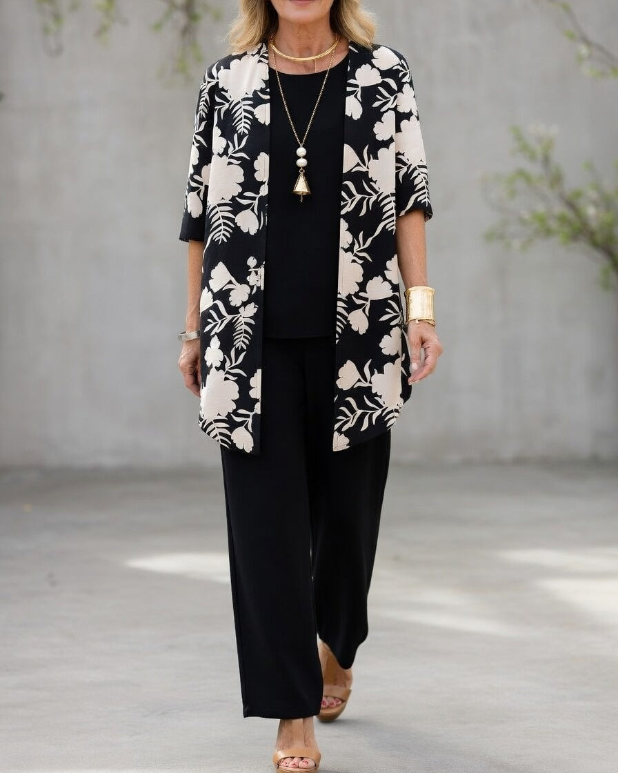 Sabrina - Elegante Driedelige Vrouwenoutfit met Vloeiende Cardigan, Top en Brede Broek